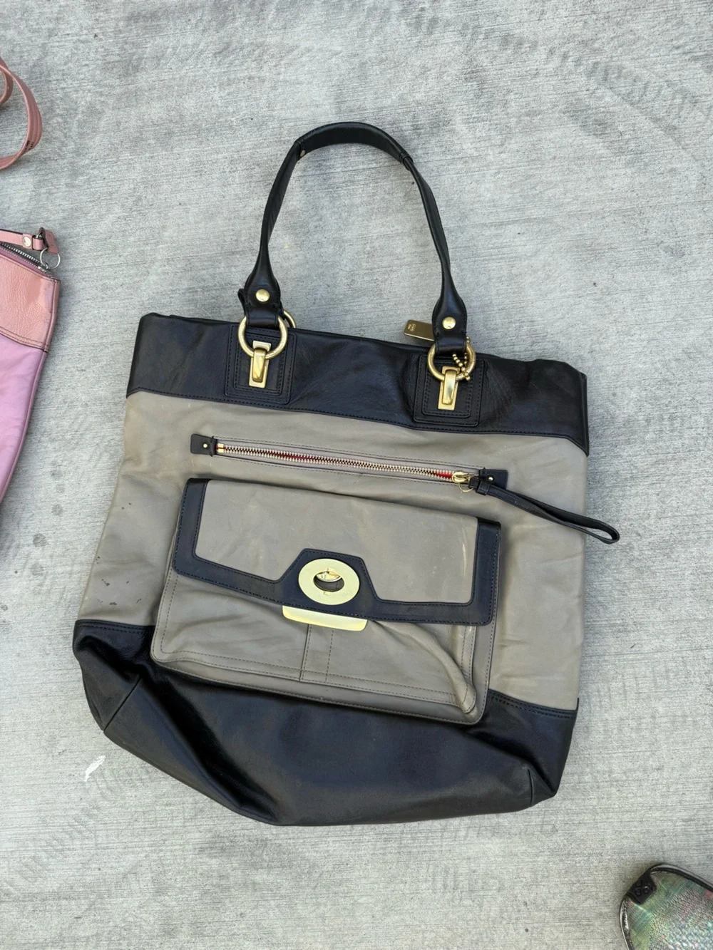 Coach Two-Tone Leather Laptop Tote in Gray and Black with Gold Hardware